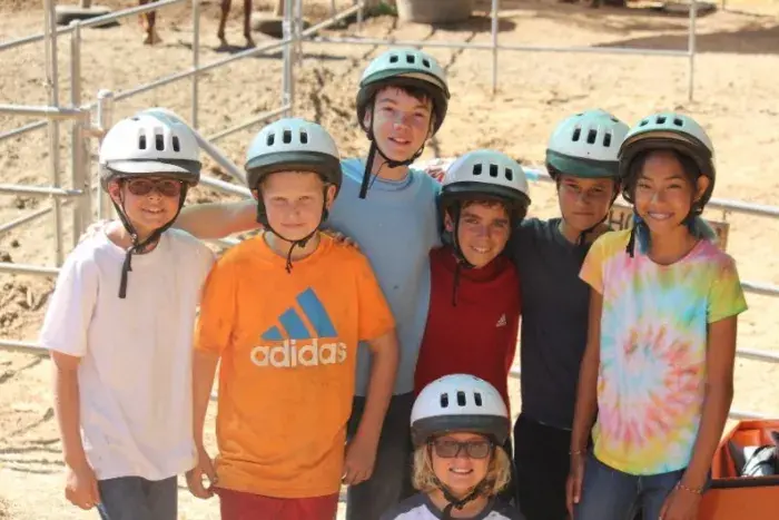 Campers with bike helmets